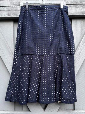 Ann Taylor Eyelet Midi Skirt Navy Blue Cotton Fit & Flare Lined Women's 4